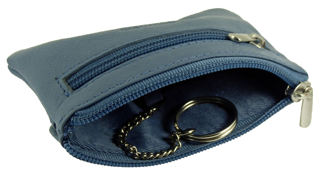 Blue Small Card Holder Coin Zip Purse with Front Flap Leather