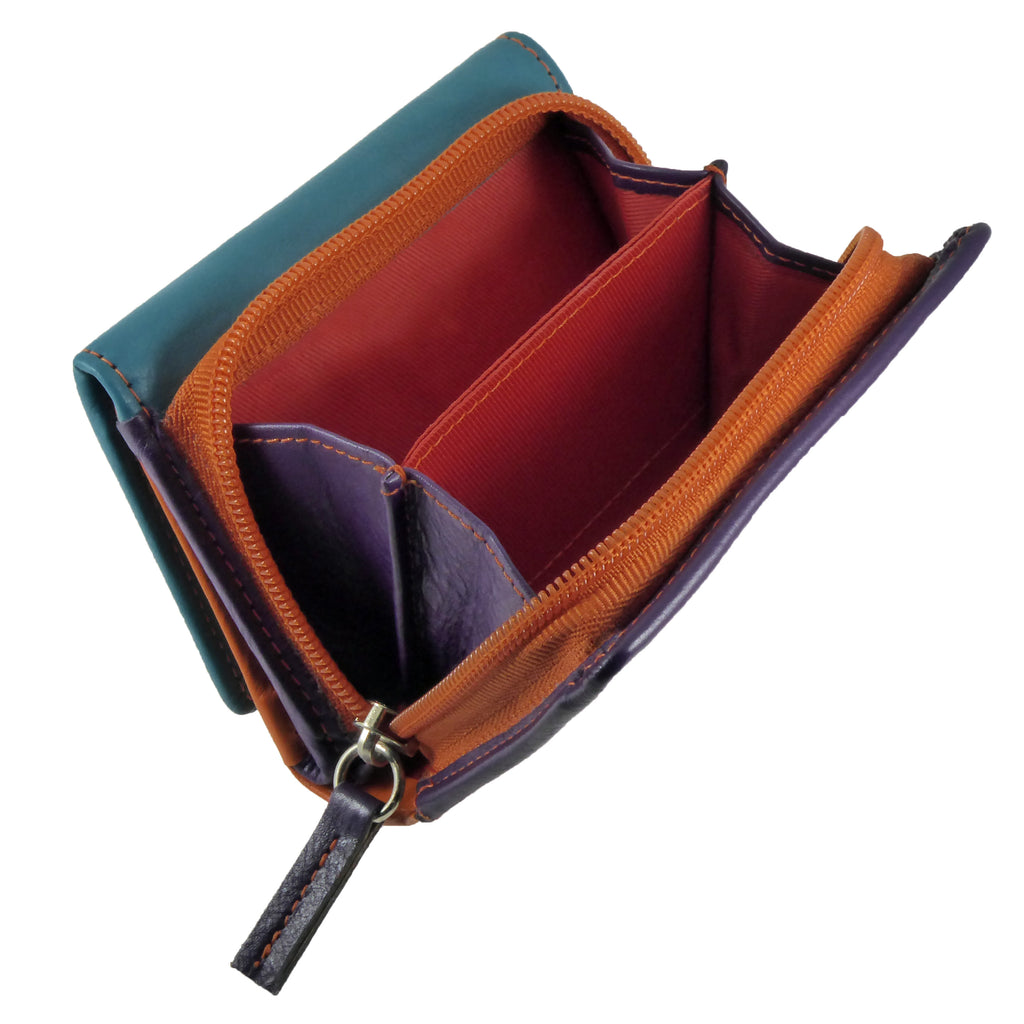 Dakota real leather RFID compact trifold purse — open view