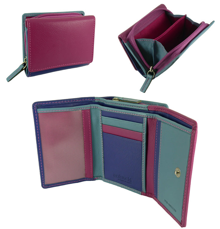 Imperfect small compact real leather RFID trifold purse — Montana colourway group
