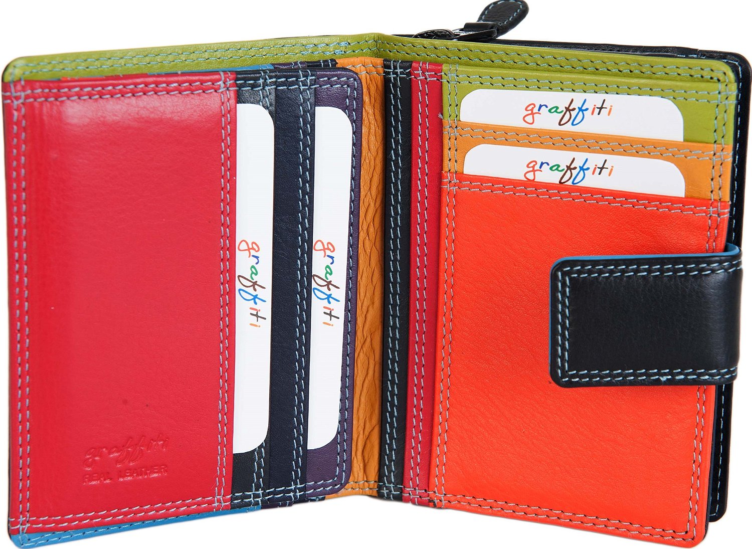 Womens Multicoloured Leather Purse 7 Cards, Notes, Coins, Boxed