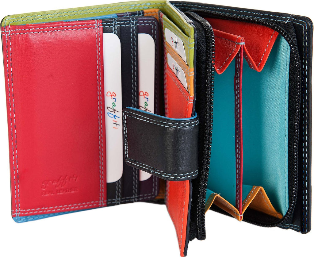 Black Multicoloured Leather Purse 7 Cards, Notes, Coins, Boxed