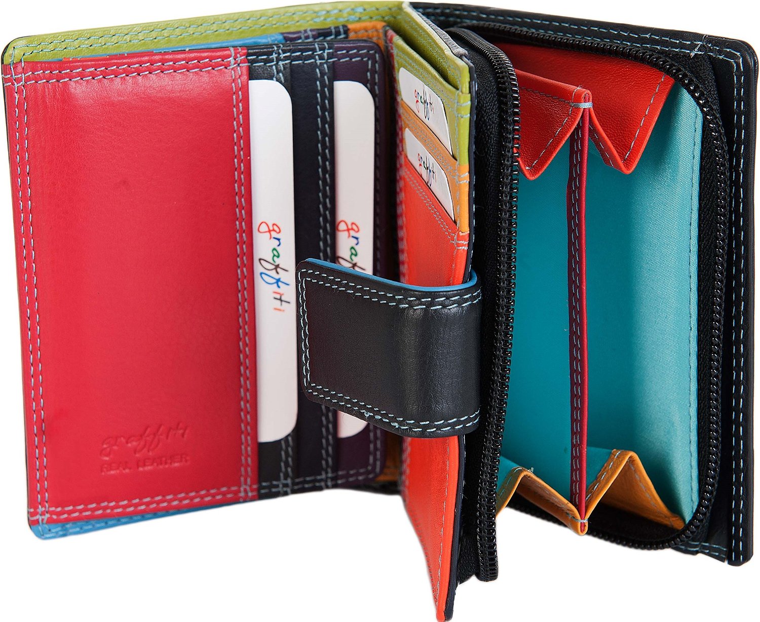 Black Multicoloured Leather Purse 7 Cards, Notes, Coins, Boxed