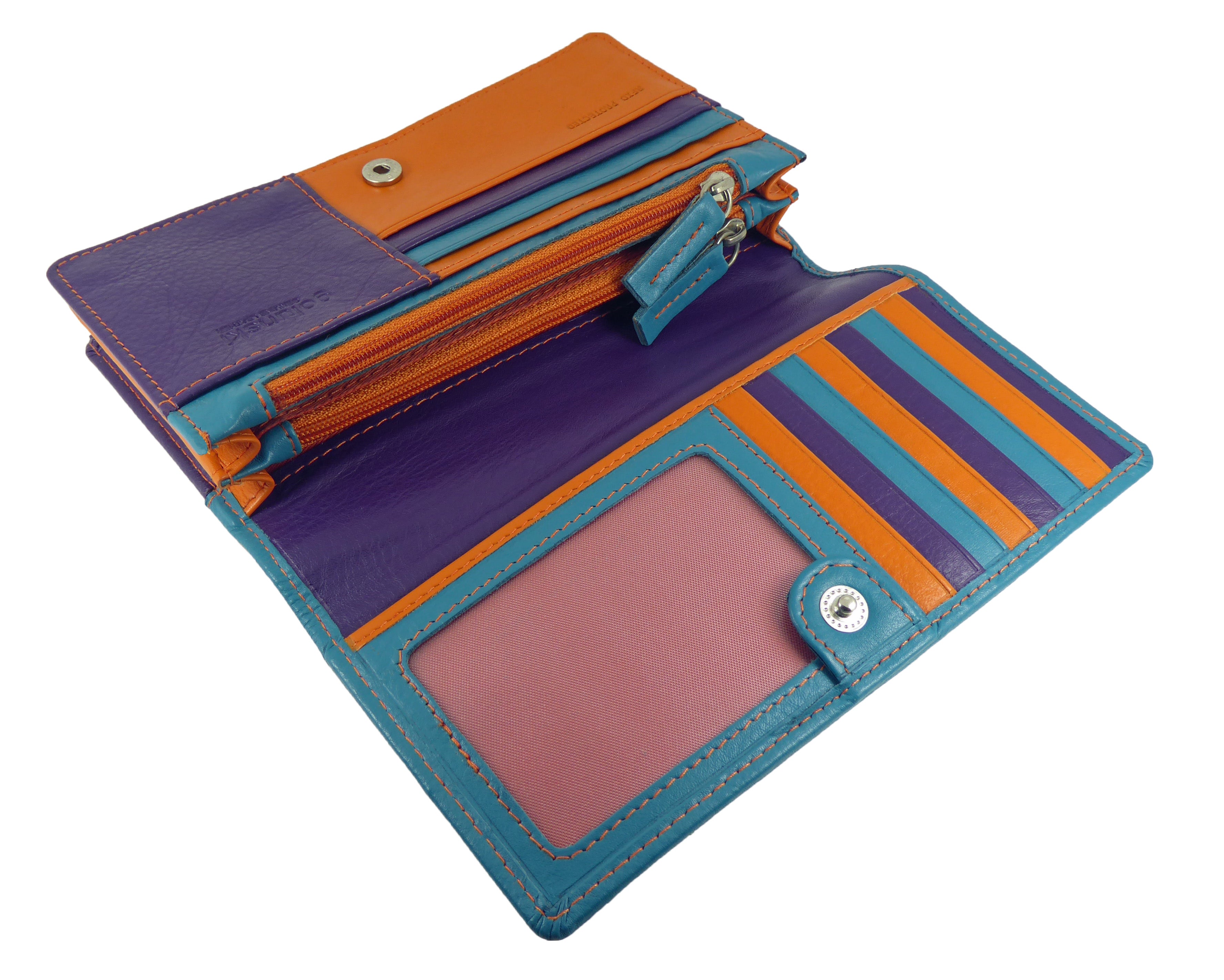 Womens Matinee Flapover Purse - 10 card slots Multicolour Real Leather