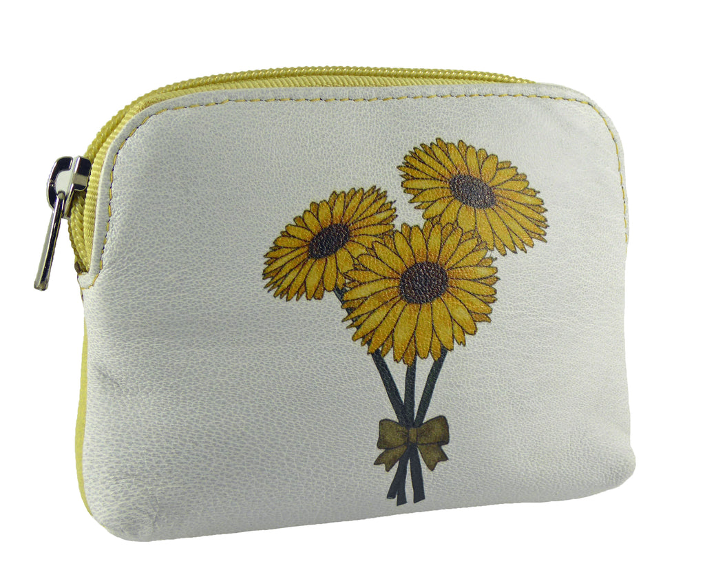Sunflowers Coin Zip Card Purse Wallet Real Leather