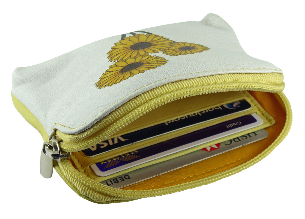 Sunflowers Coin Zip Card Purse Wallet Real Leather — detail view