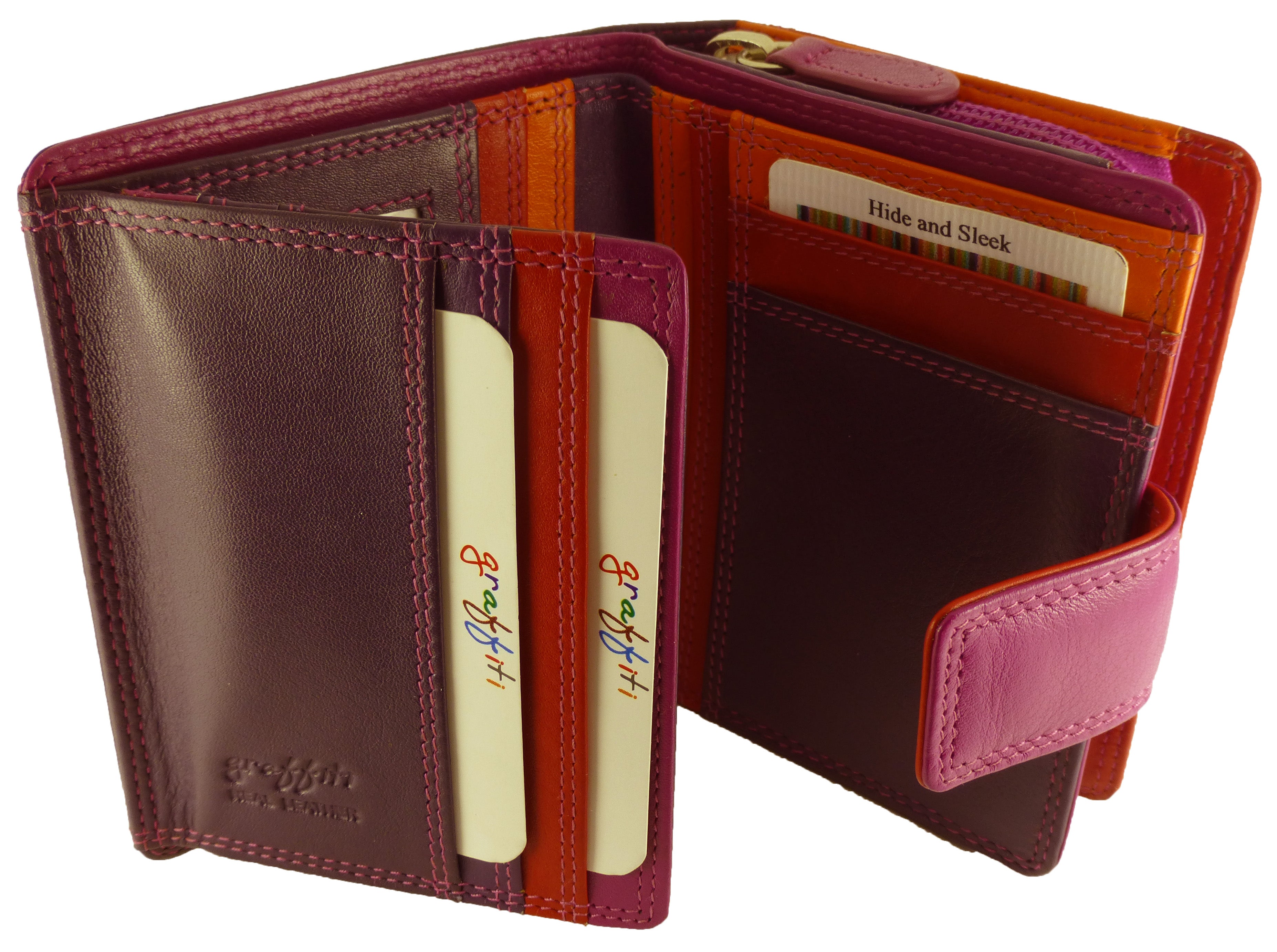 Womens Multicoloured Leather Purse 7 Cards, Notes, Coins, Boxed