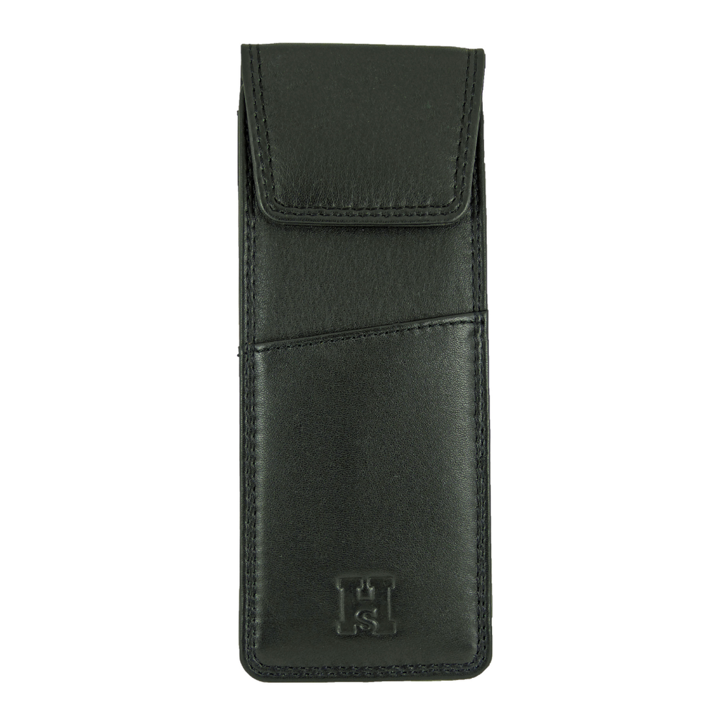 Black leather glassses case with a on a white background