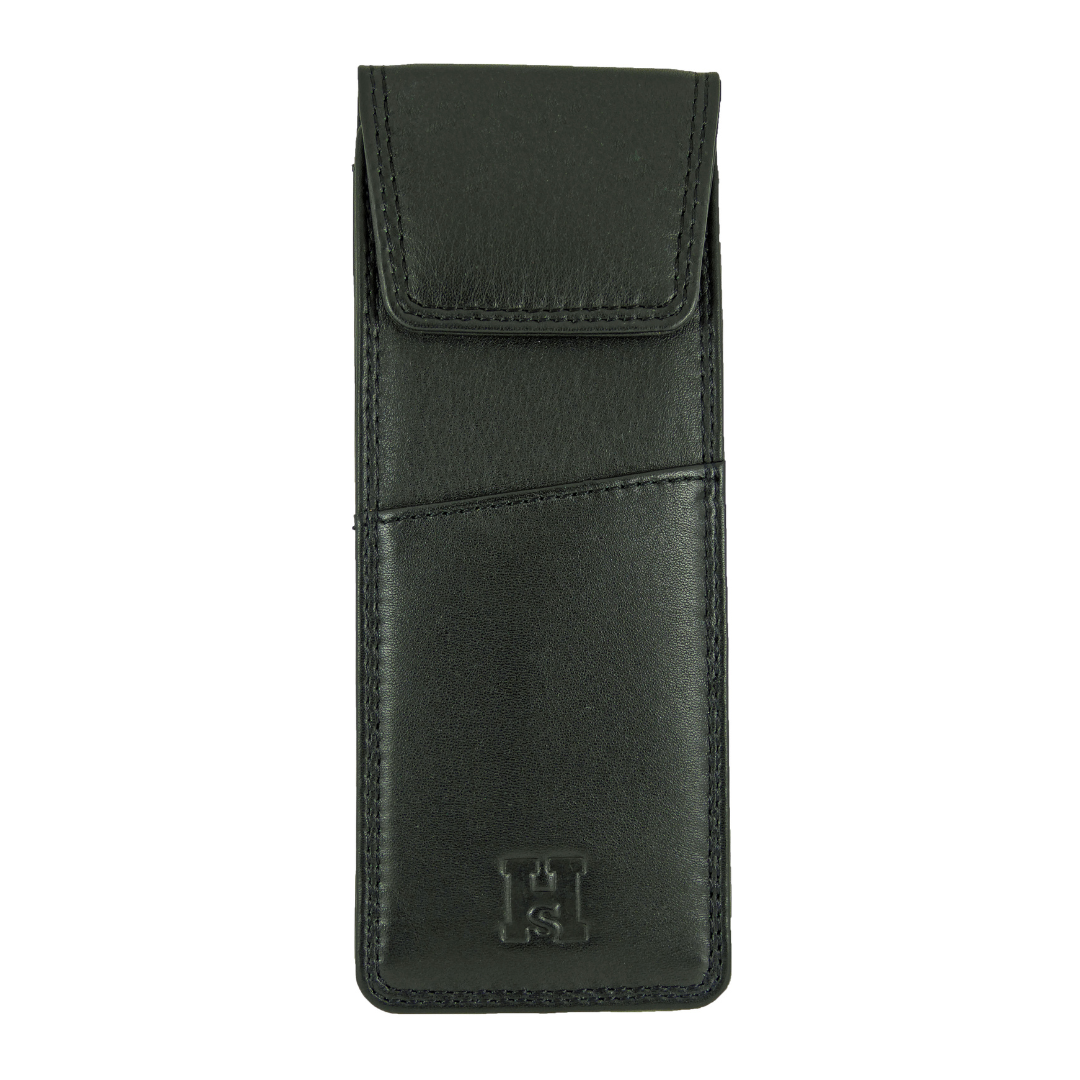 Black leather glassses case with a on a white background