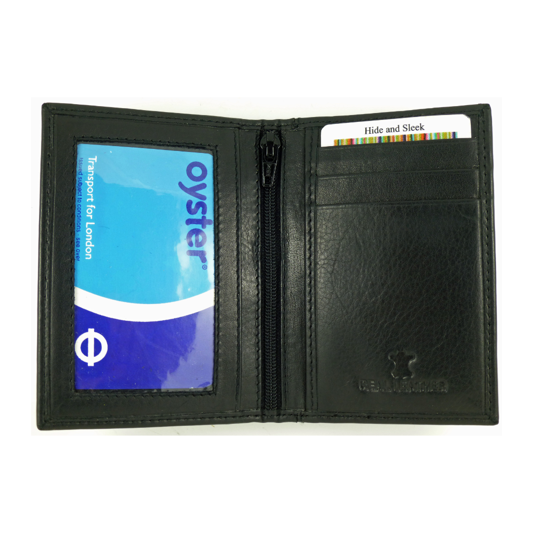 Black leather wallet with Oyster card slot on a white background open