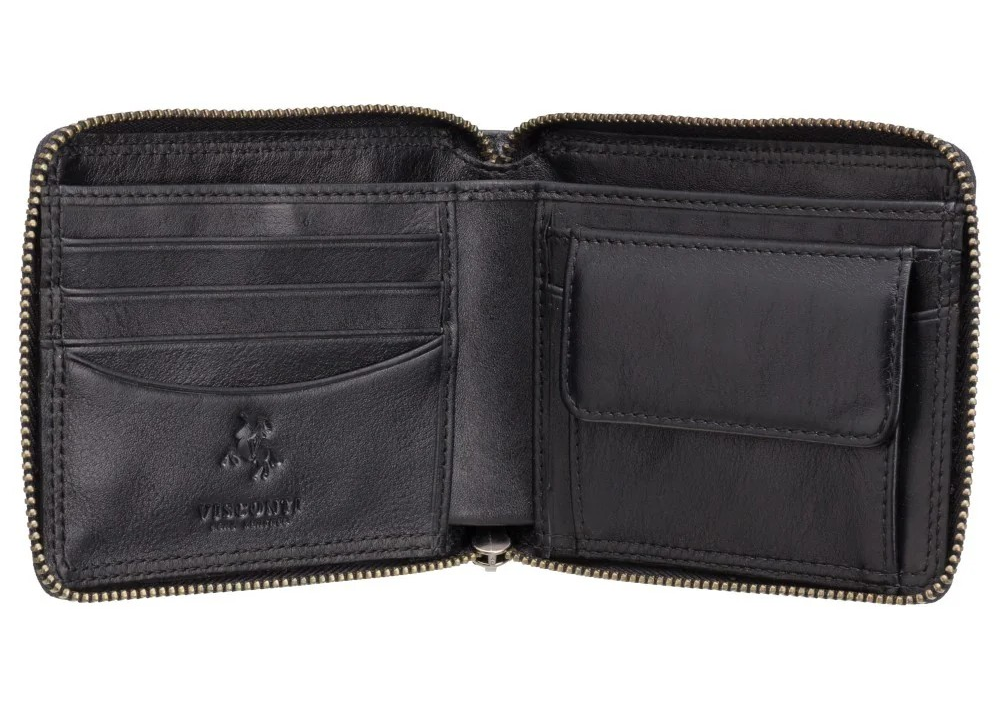 Black Mens Zip-around Note Card Wallet Real Leather Visconti