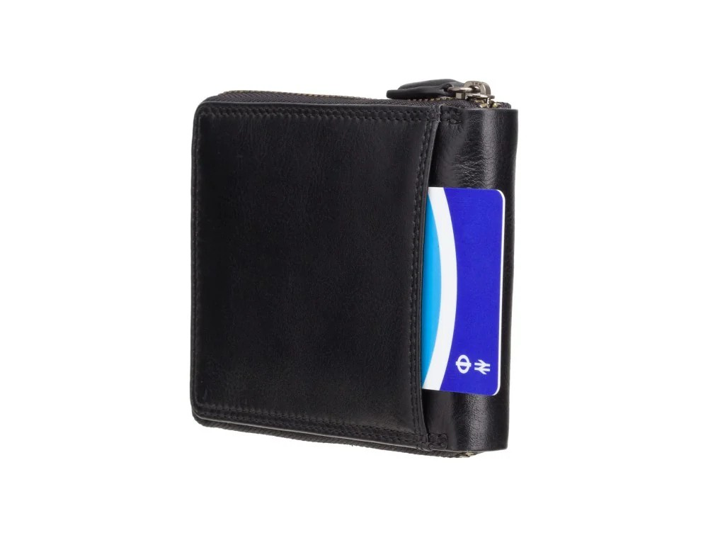 Black Mens Zip-around Note Card Wallet Real Leather Visconti