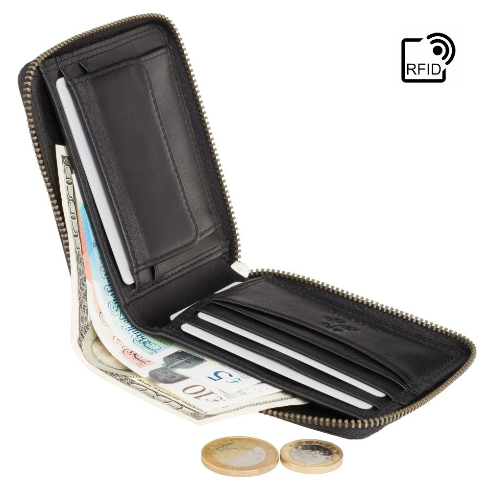 Black Mens Zip-around Note Card Wallet Real Leather Visconti
