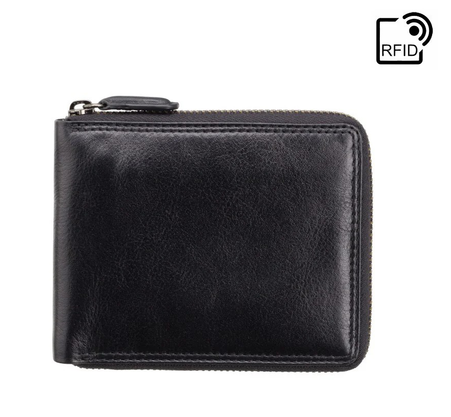 Mens Zip-around Note Card Wallet Real Leather Visconti — Black
