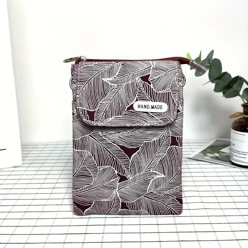 Small Leaf Print Crossbody Phone Bag - Dog Walking, Holidays, Travel — Burgundy