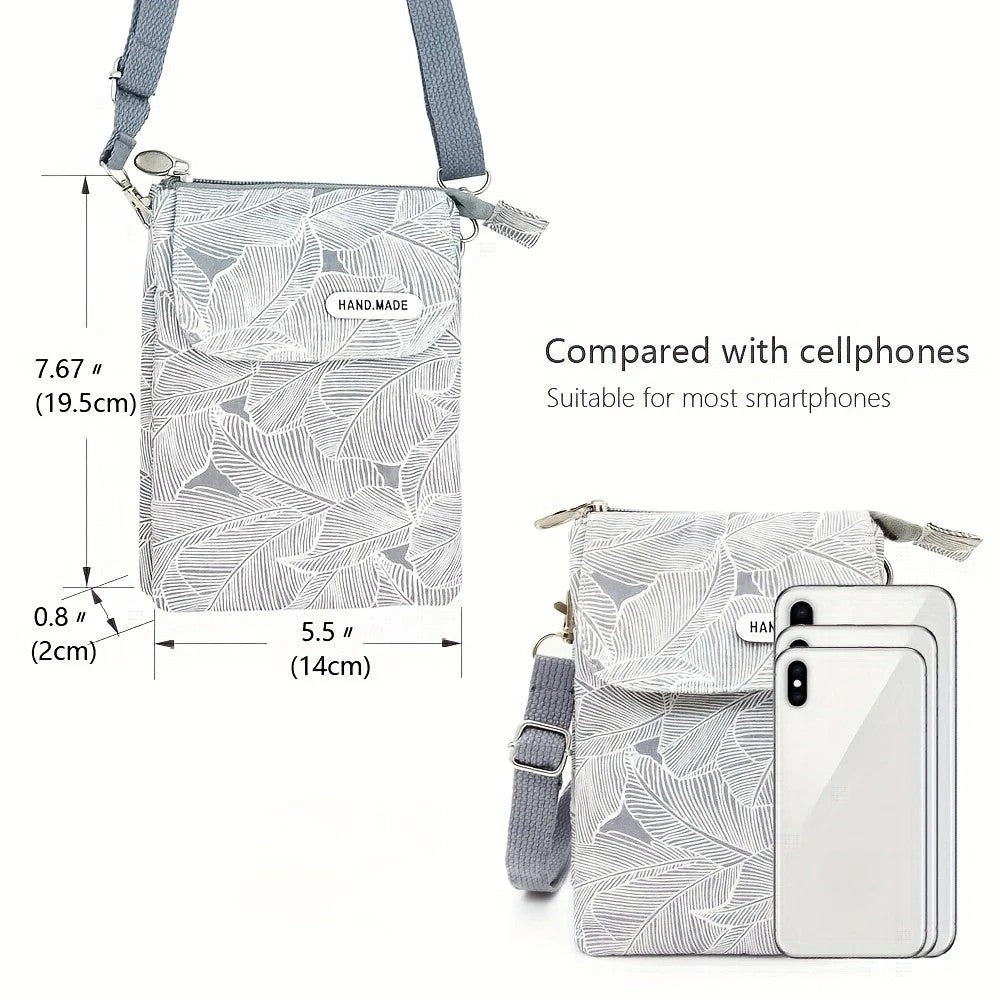 Small Leaf Print Crossbody Phone Bag - Dog Walking, Holidays, Travel — angle view
