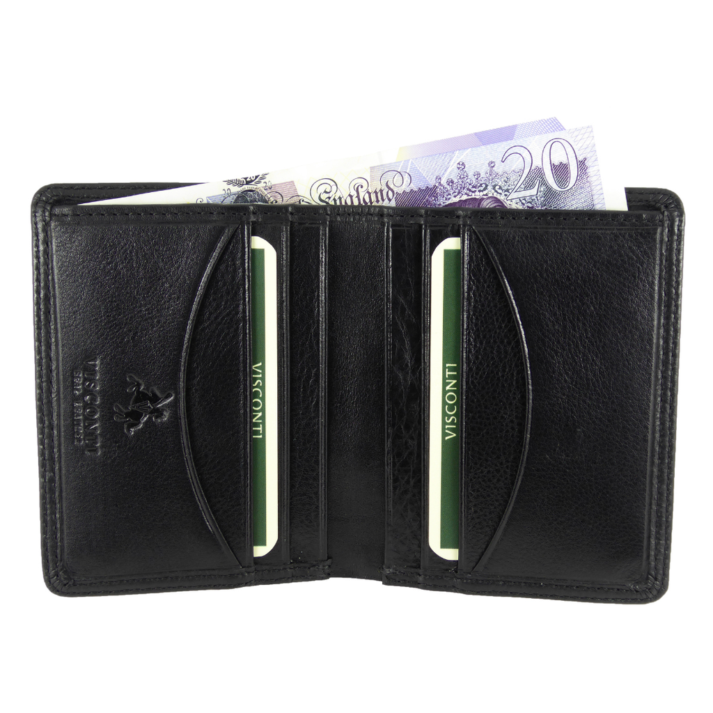 Black leather wallet with card slots and a visible brand logo, open to show interior design.