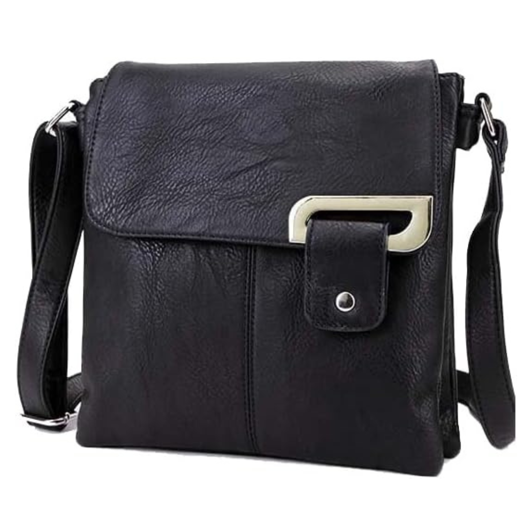 Black front buckle crossbody shoulder bag — front view