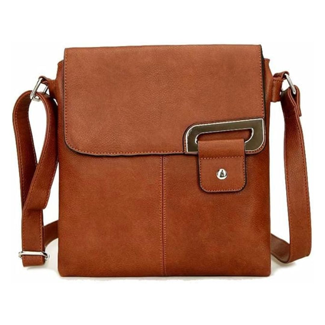 Brown front buckle crossbody shoulder bag