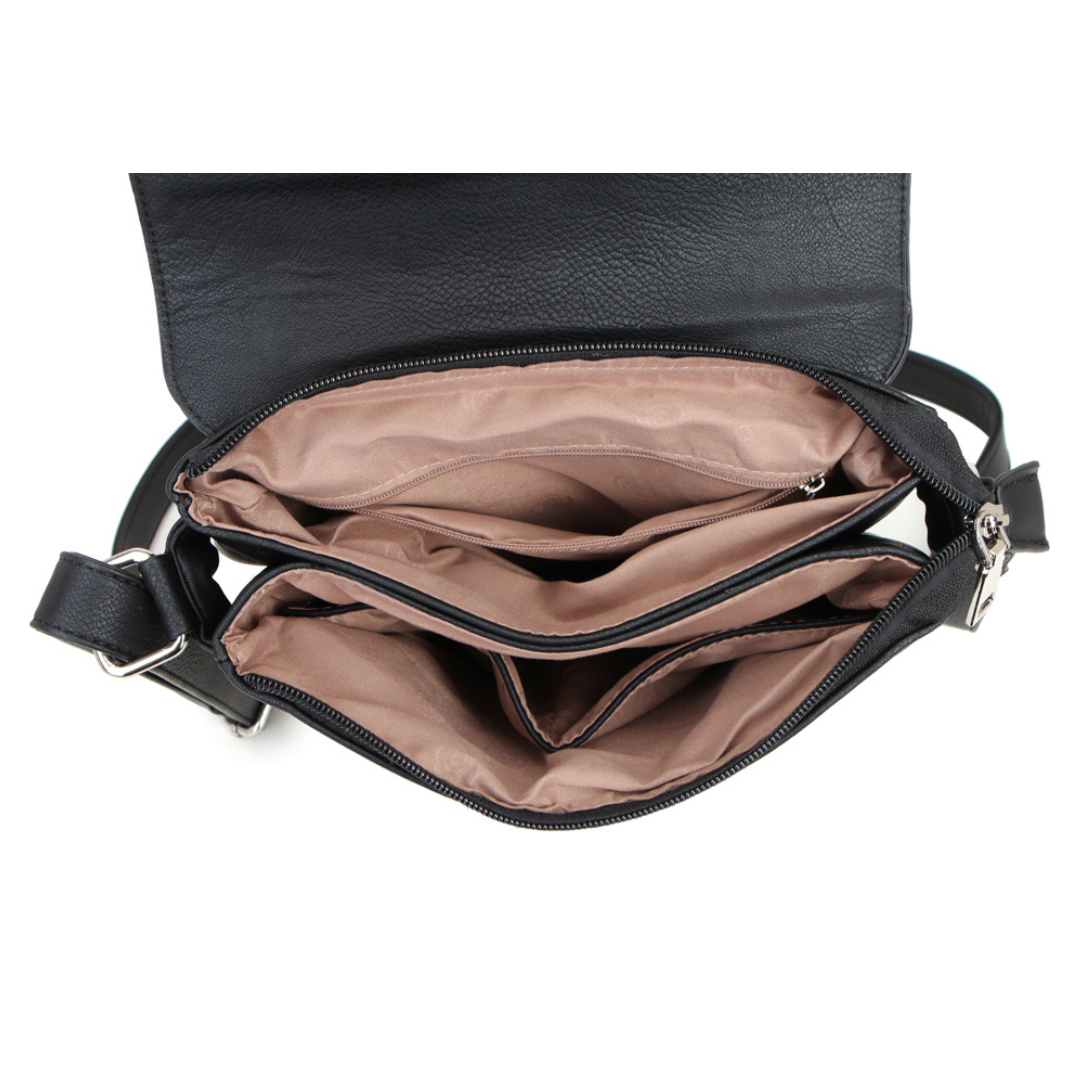 Front buckle crossbody shoulder bag — open interior view