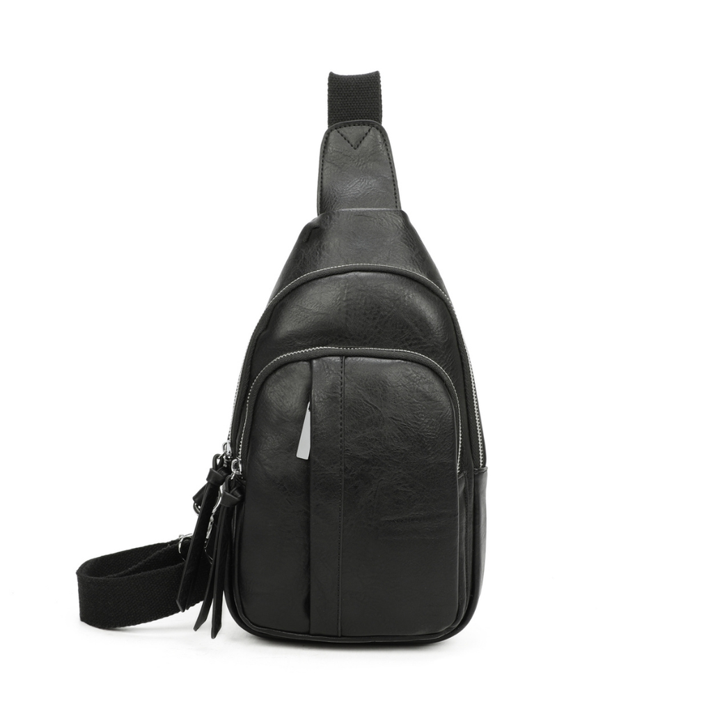 Black leather crossbody sling bag — front view