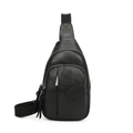 Black leather crossbody sling bag — front view