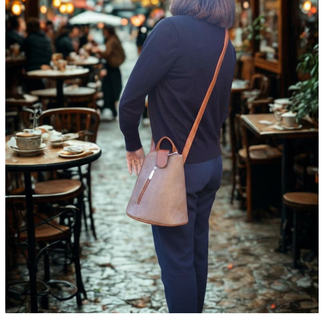 Small Triangular Backpack Shoulder Bag with Tab Top — detail view