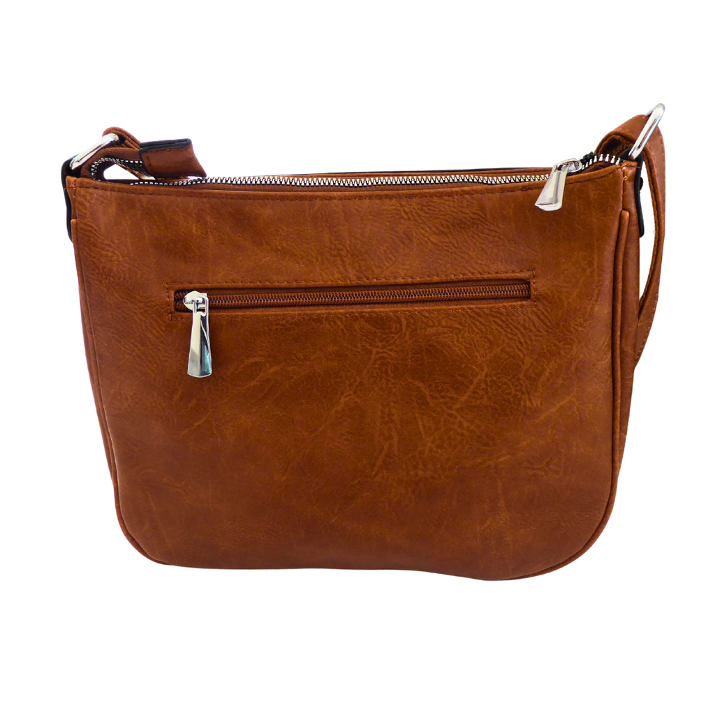 Saddle crossbody shoulder bag — rear view with back pocket