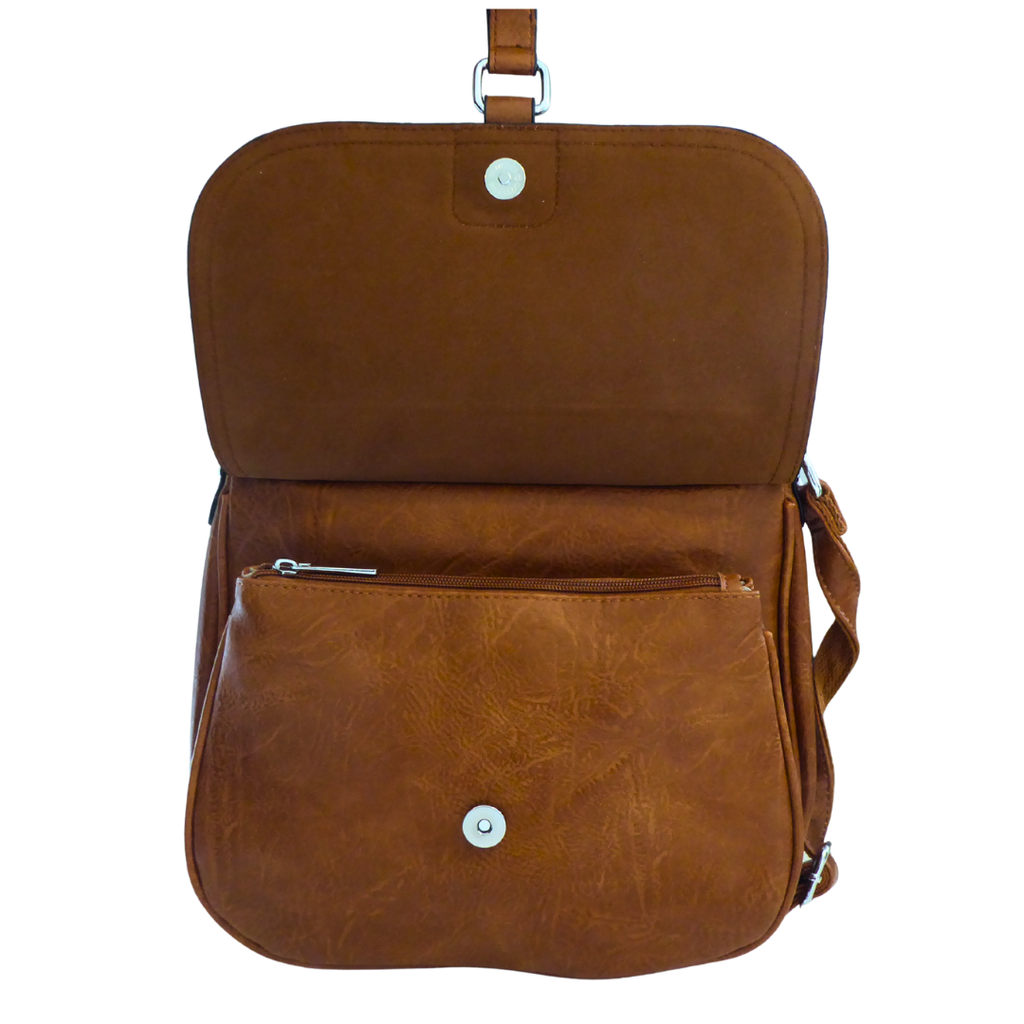 Saddle crossbody shoulder bag — flap detail close-up