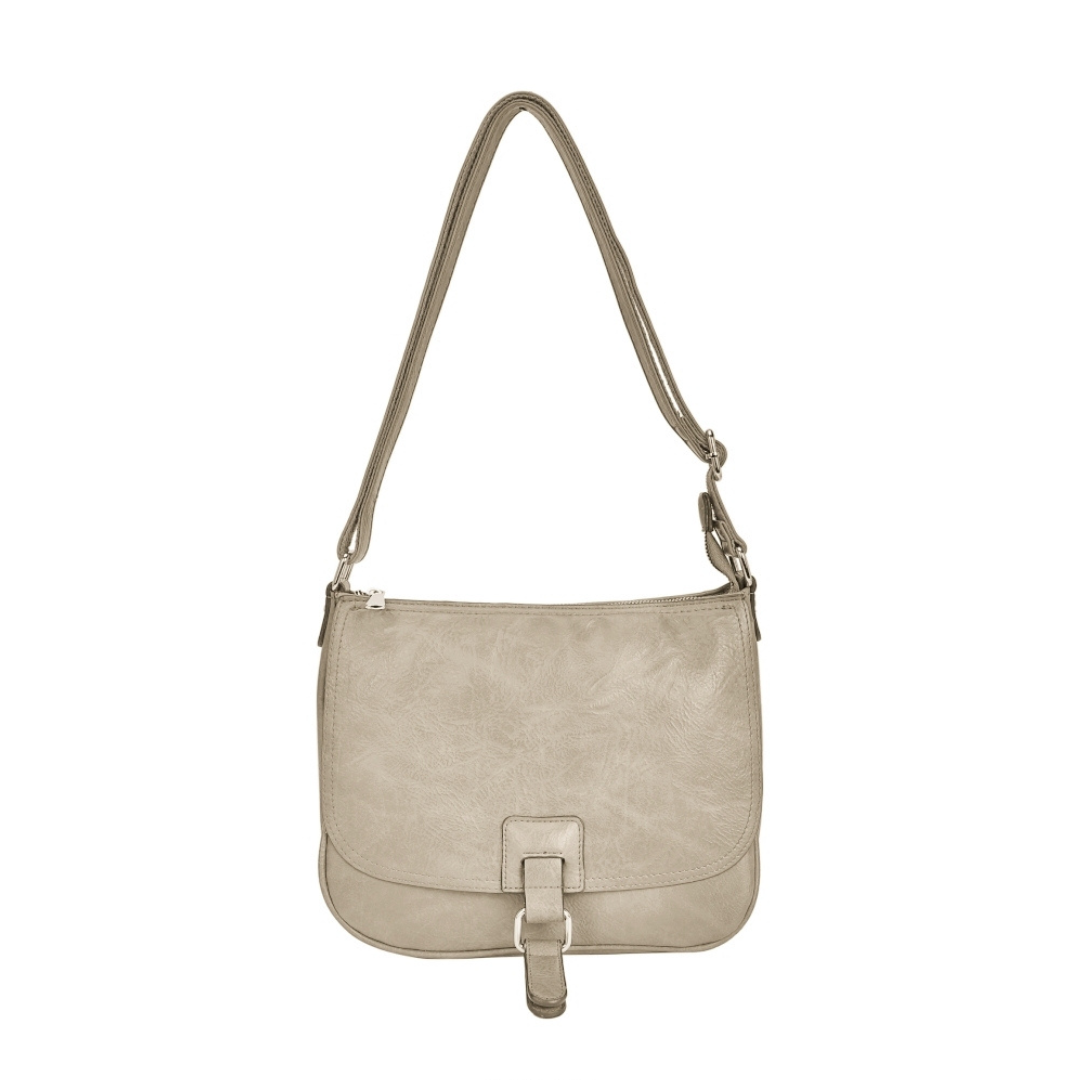 Beige saddle crossbody shoulder bag — front view on white background