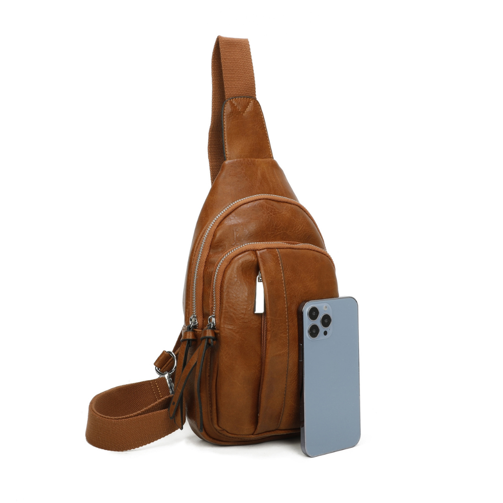 Brown leather crossbody sling bag — side view