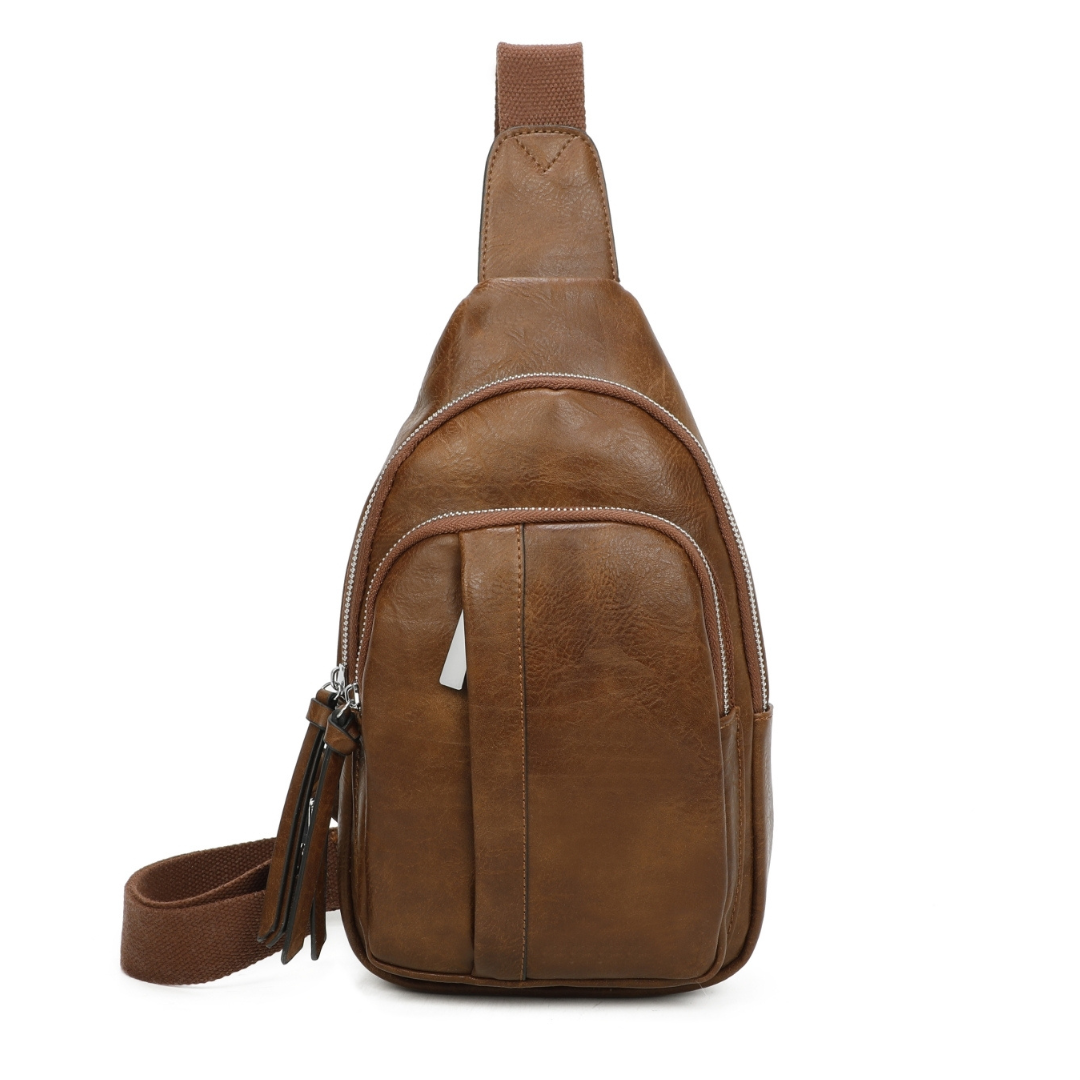 Dark brown leather crossbody sling bag — front view