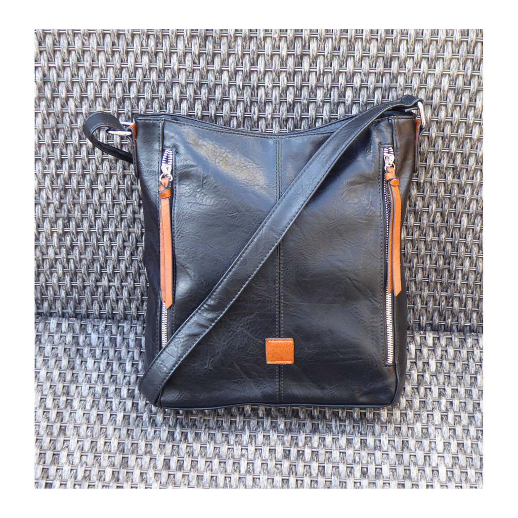 Two Side Zipper Crossbody Shoulder Bag — Black