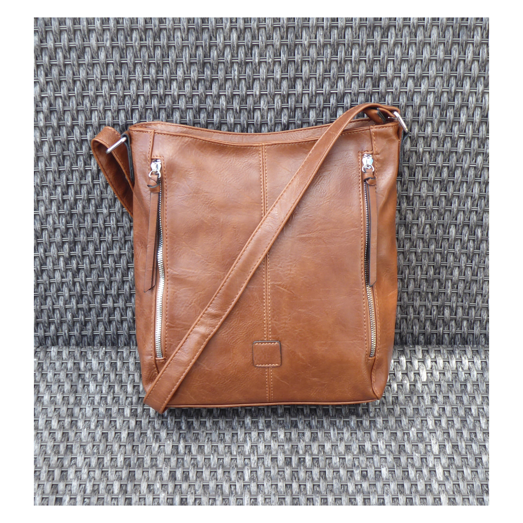Two Side Zipper Crossbody Shoulder Bag — Brown