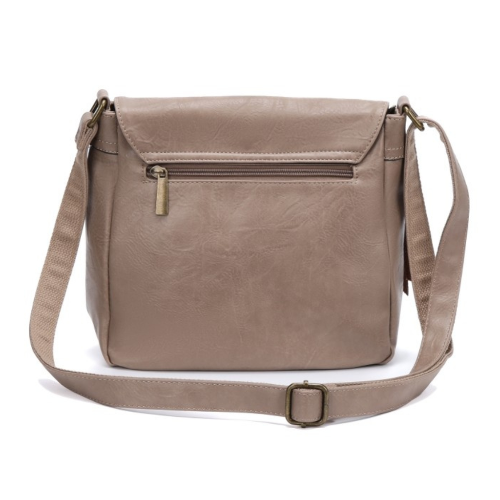Rear view of leather-look vegan crossbody bag showing back zip pocket and adjustable strap