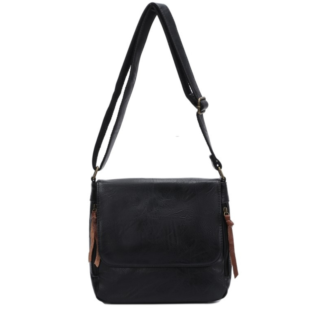 Leather-look vegan crossbody and shoulder bag in black with brass hardware and twin side zip pockets