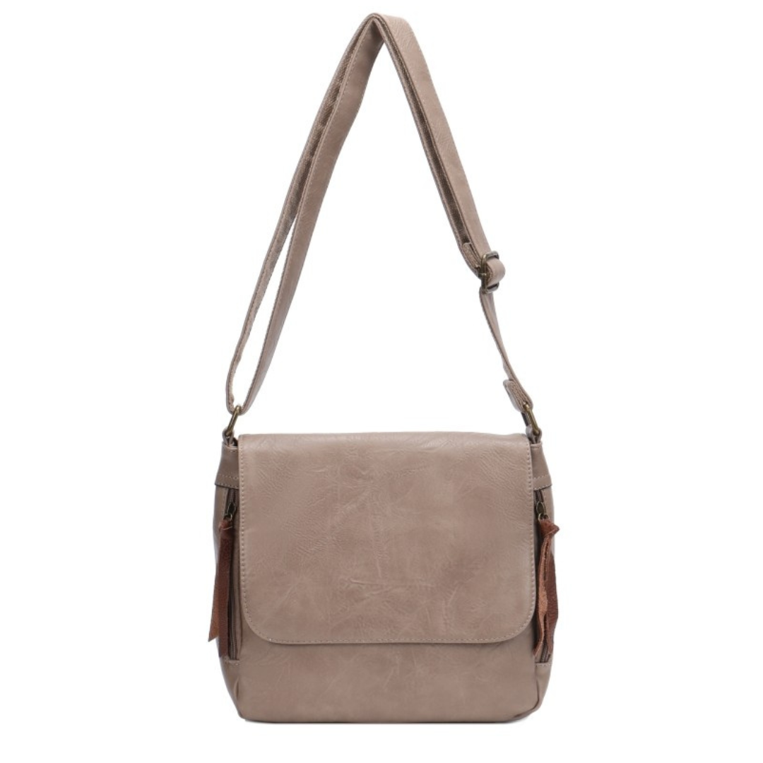 Leather-look vegan crossbody and shoulder bag in mud with brass hardware and twin side zip pockets