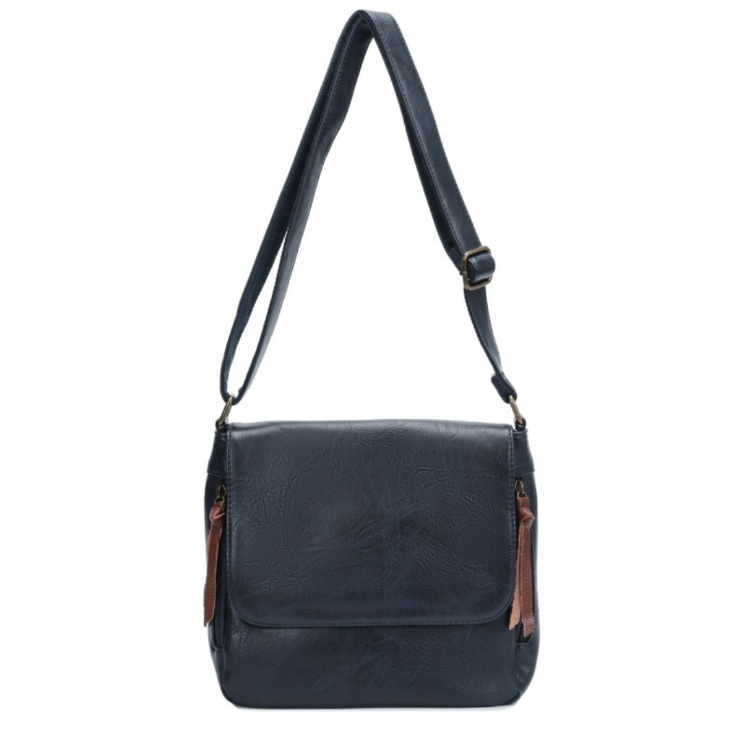 Leather-look vegan crossbody and shoulder bag in navy with brass hardware and twin side zip pockets