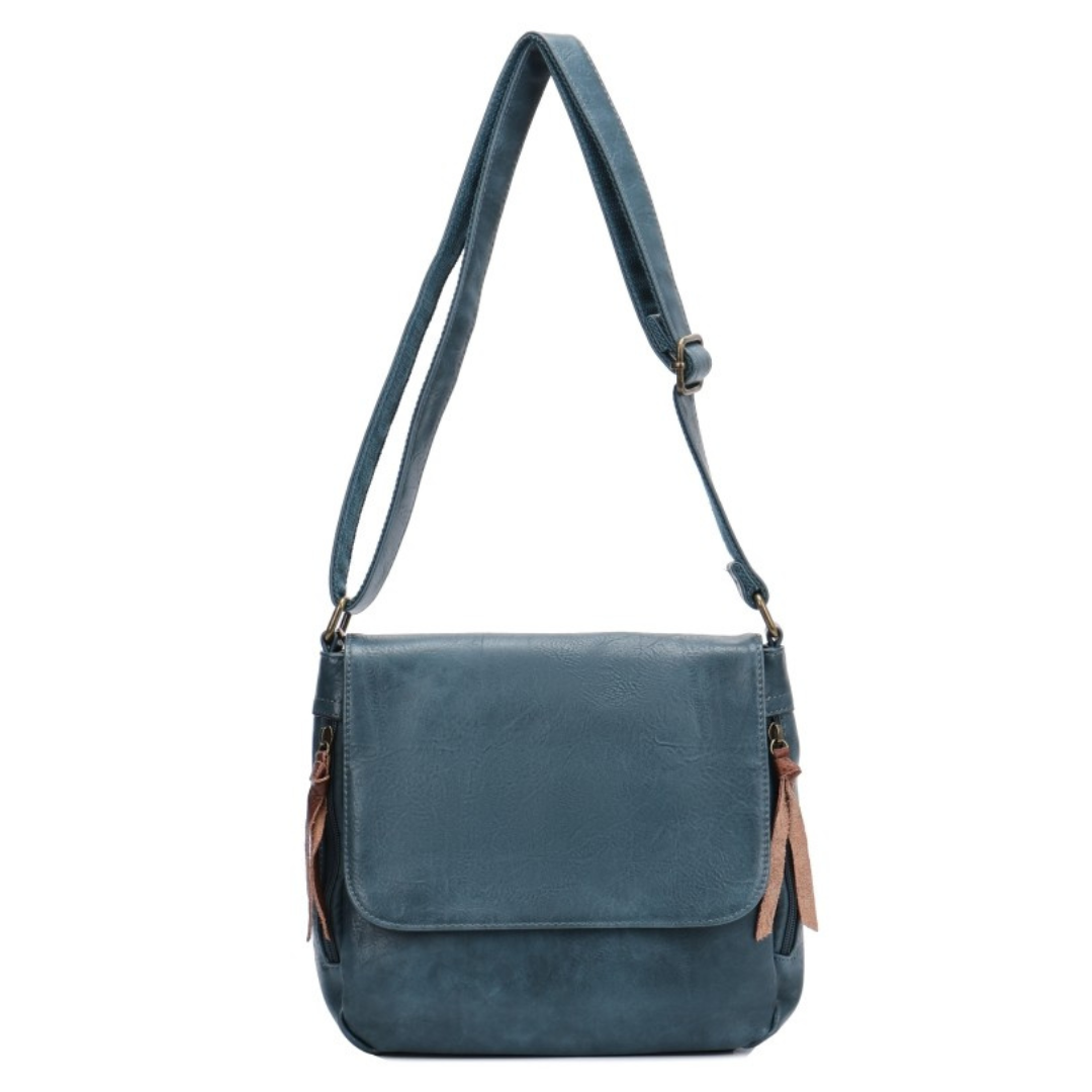 Leather-look vegan crossbody and shoulder bag in teal with brass hardware and twin side zip pockets