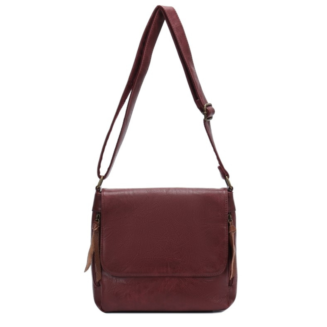 Leather-look vegan crossbody and shoulder bag in wine with brass hardware and twin side zip pockets