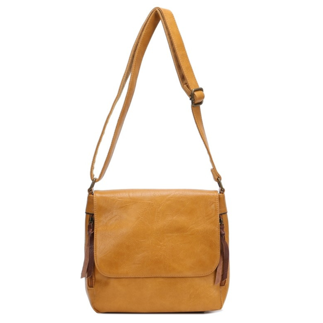 Leather-look vegan crossbody and shoulder bag in yellow with brass hardware and twin side zip pockets