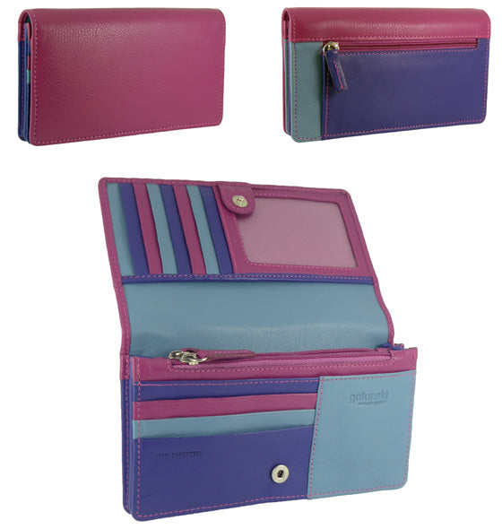 Womens Matinee Flapover Purse - 10 card slots Multicolour Real Leather