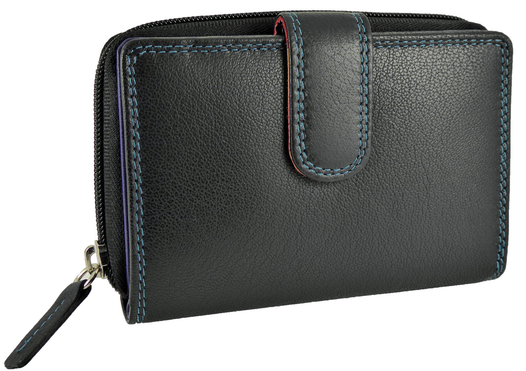 Multicoloured RFID Coin Purse  9 Card Slots Real Leather — Black Multi