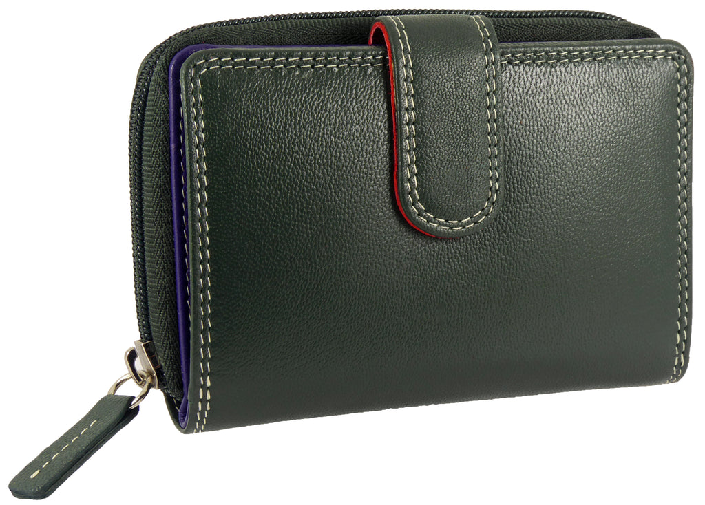 Multicoloured real leather RFID purse in Green Multi - closed front view