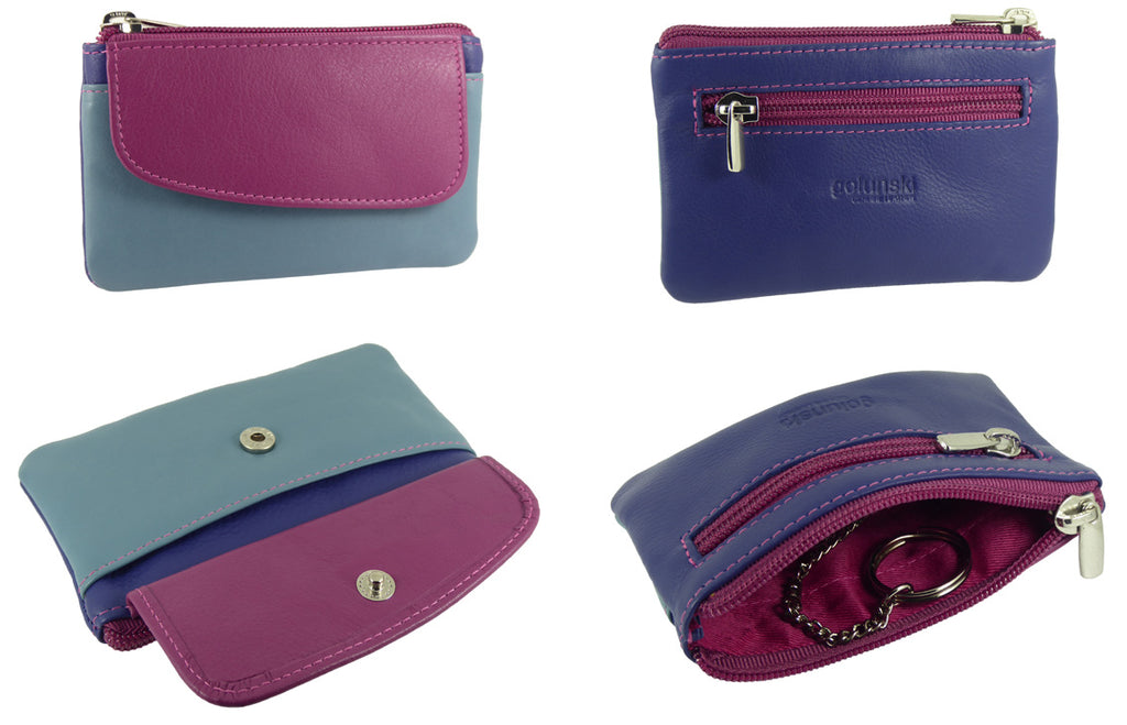 Small Card Holder Coin Zip Purse with Front Flap Leather — Blue Pink Multi