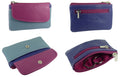 Small Card Holder Coin Zip Purse with Front Flap Leather — Blue Pink Multi