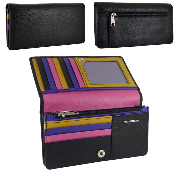 Womens Matinee Flapover Purse 14 cards, notes, coins Multi-Coloured Real Leather