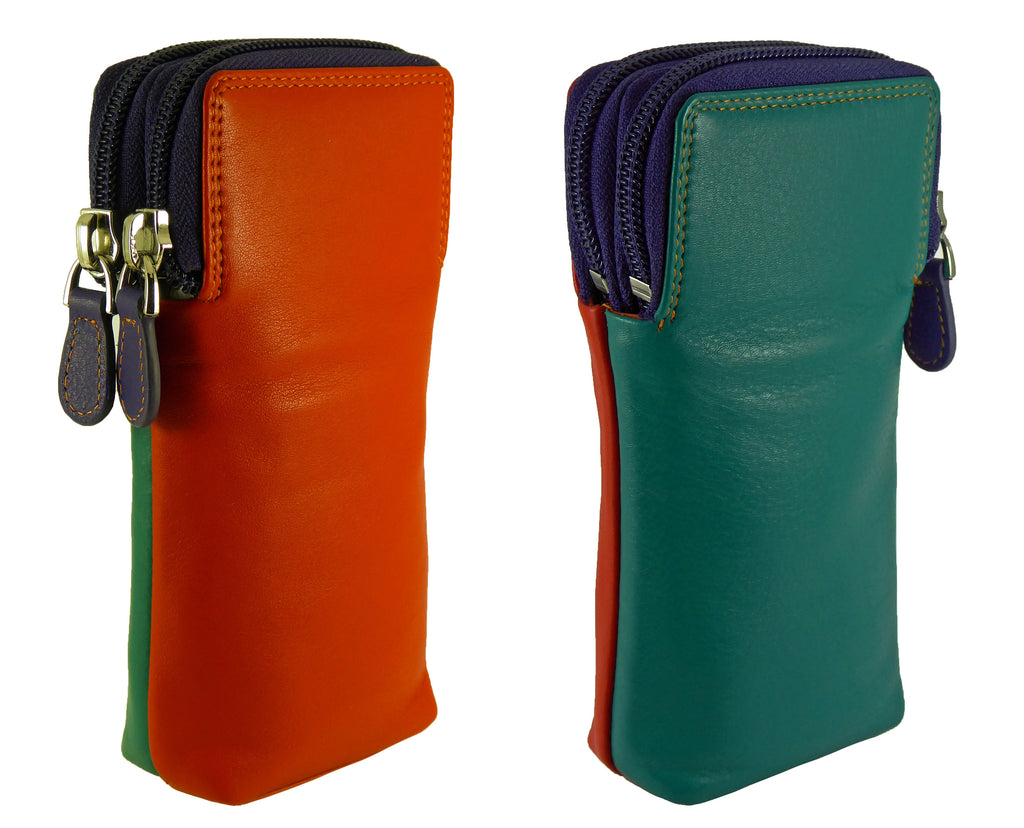 Double Sided Glasses Spectacle Case Multi Coloured Real Leather — Orange/Green