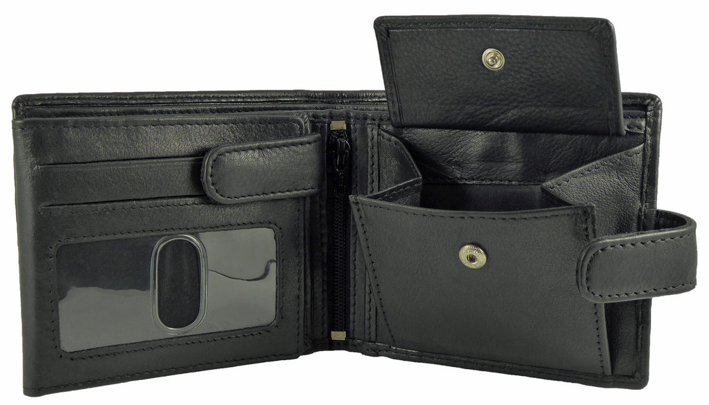Leather Wallet 7 Card Slots, 2 Note Sections, Coin Pocket RFID Black — Black