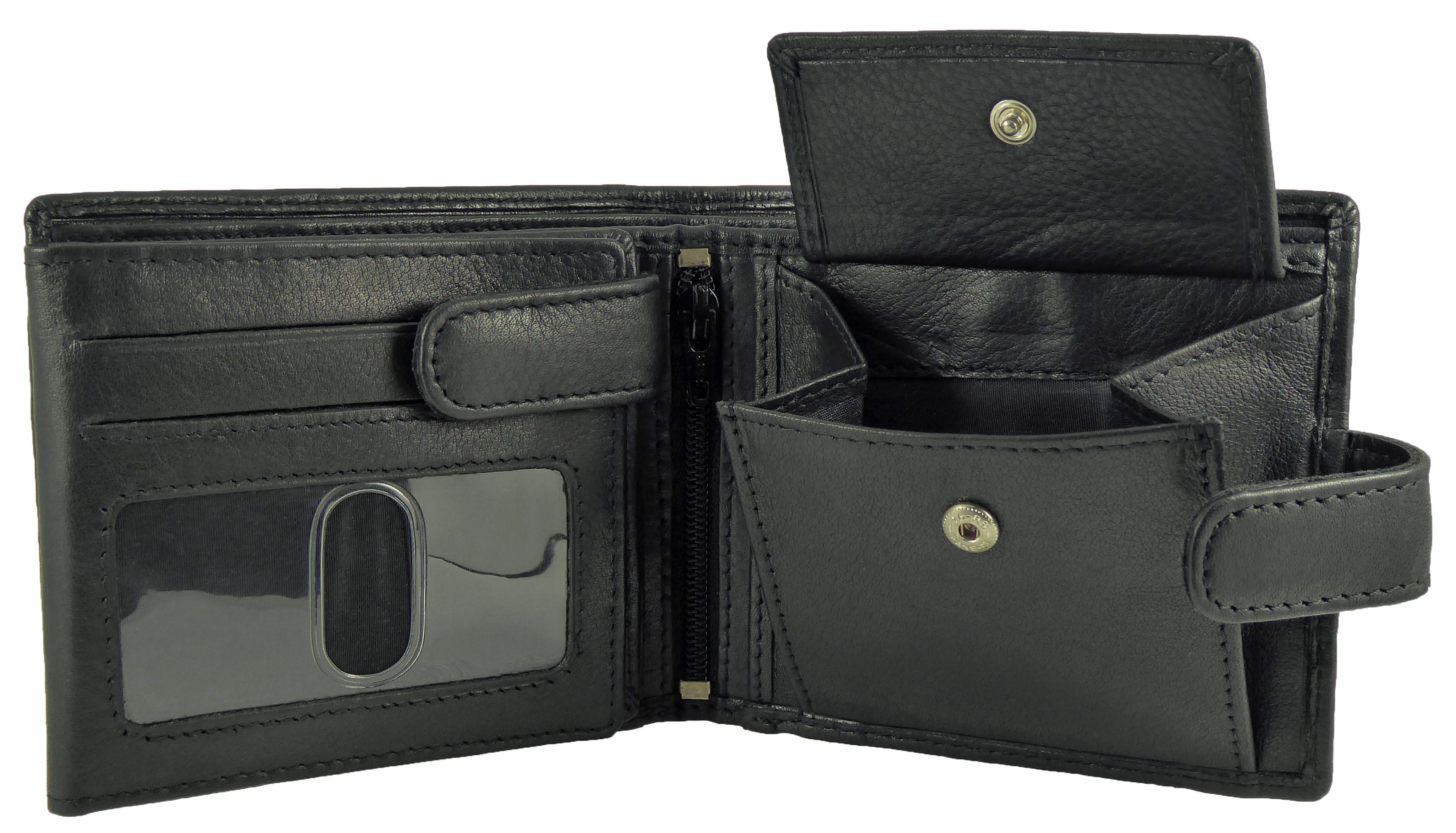 Leather Wallet 7 Card Slots, 2 Note Sections, Coin Pocket RFID Black — Black