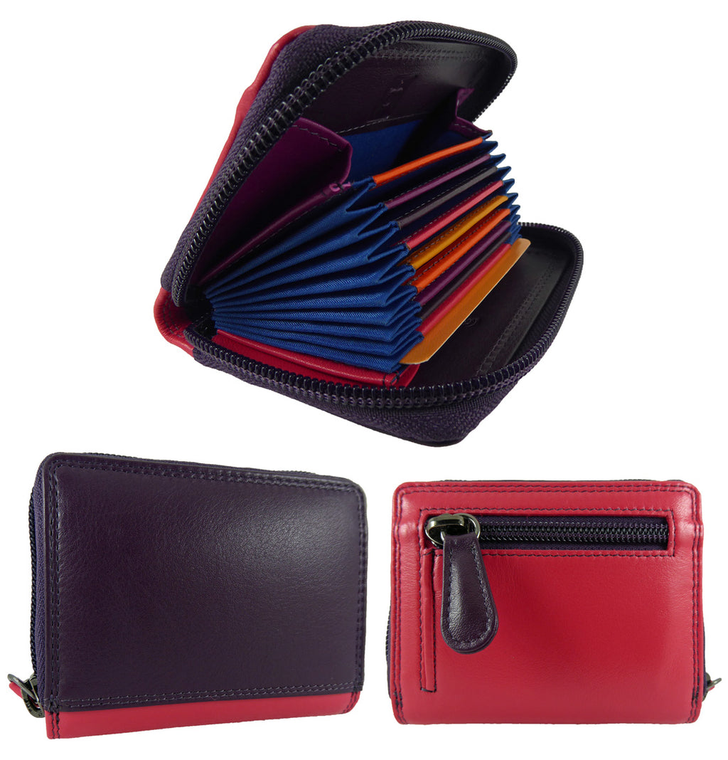 Concertina Fan Card Holder Wallet RFID Real Leather — Purple Multi